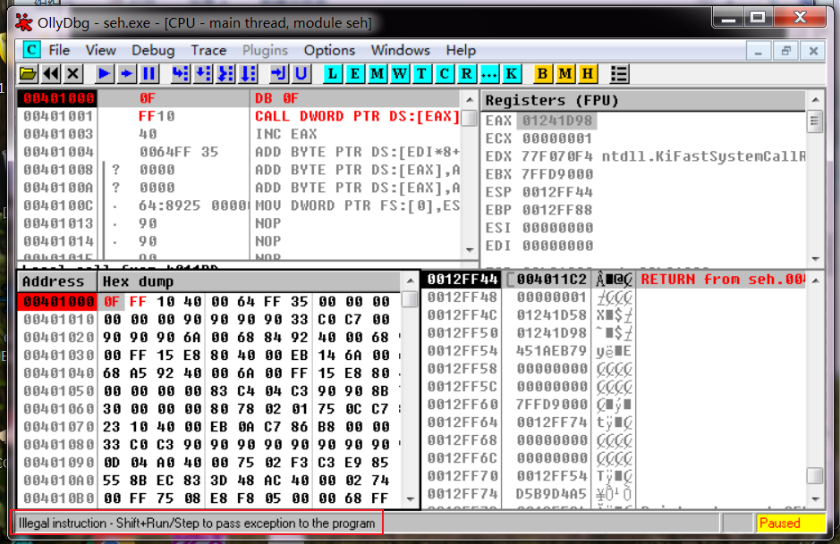 图48-10 EXCEPTION_ILLEGAL_INSTRUCTION异常